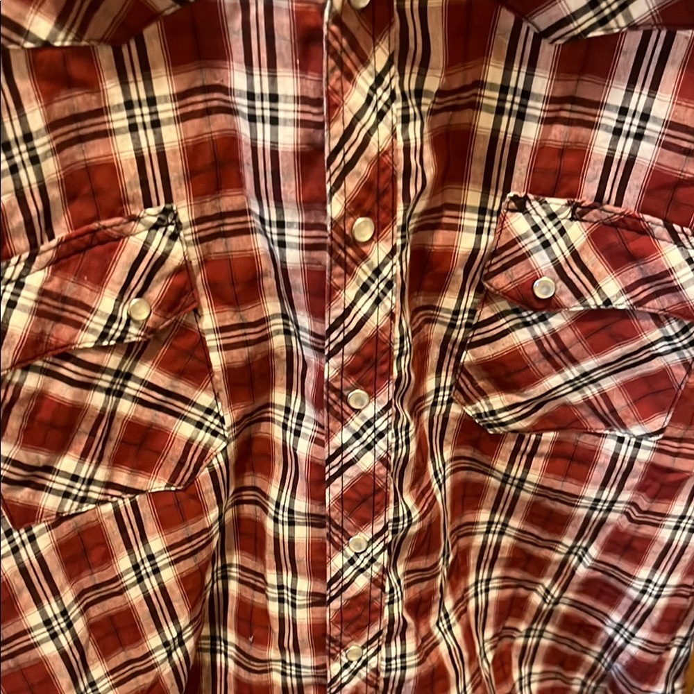 Wrangler Men's Plaid Pearl Snap Button-Down Shirt - Red and White - Picture 2 of 5